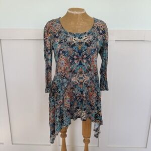 Karen Kane Asymmetrical Blouse Size SM Southwest Print Boho Aztec ATW FLAW